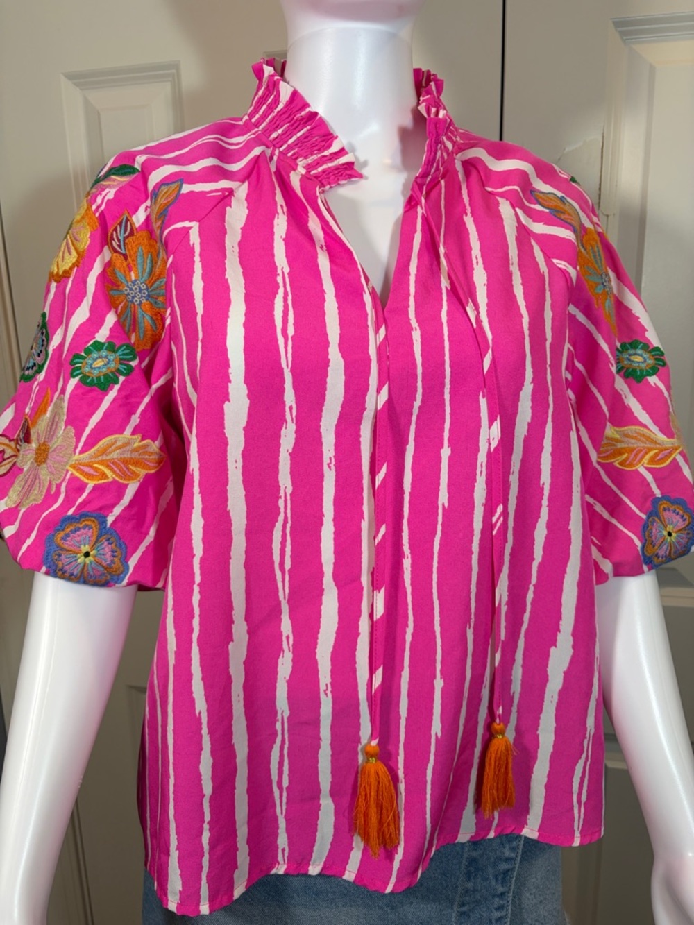 THML Fuchsia and White Striped Embroidered Puff-Sleeve Blouse